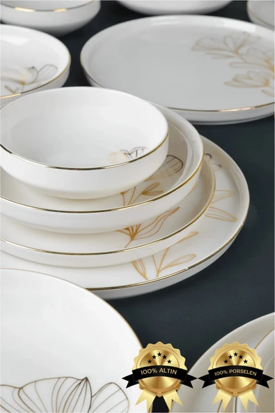 Farika Porselen Asude 24 Parça 6 Kişilik Altın Yaldız Porselen Yemek Takımı
