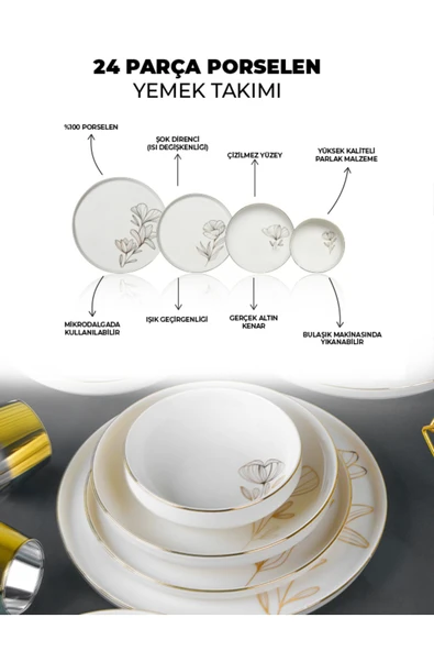 Farika Porselen Asude 24 Parça 6 Kişilik Altın Yaldız Porselen Yemek Takımı - 4