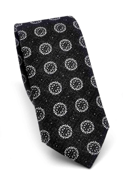 Gri Yuvarlak Desenli Siyah Dokuma Kumaş Mendilli Slim Fit Kravat // SDK-250204 ürün görseli