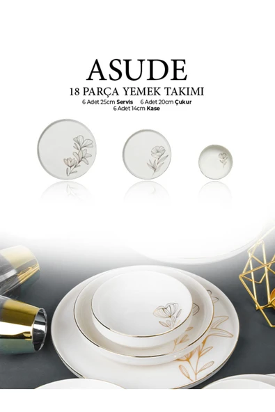 Farika Porselen Asude 18 Parça 6 Kişilik Altın Yaldız Porselen Yemek Takımı - 5