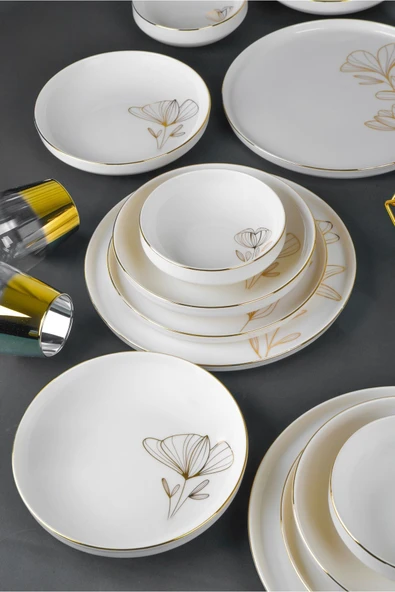 Farika Porselen Asude 24 Parça 6 Kişilik Altın Yaldız Porselen Yemek Takımı - 2