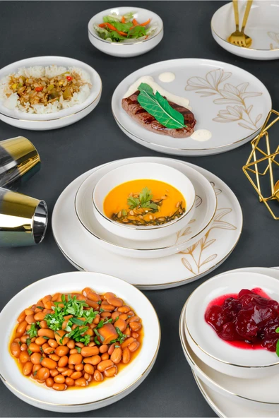 Farika Porselen Asude 18 Parça 6 Kişilik Altın Yaldız Porselen Yemek Takımı - 3