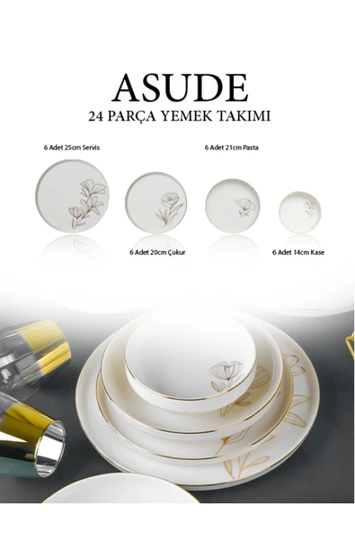 Farika Porselen Asude 24 Parça 6 Kişilik Altın Yaldız Porselen Yemek Takımı - 5