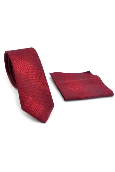Bordo Kırmızı Verev Desenli Dokuma Kumaş Mendilli Slim Fit Kravat // SDK-250203 - Resim 2