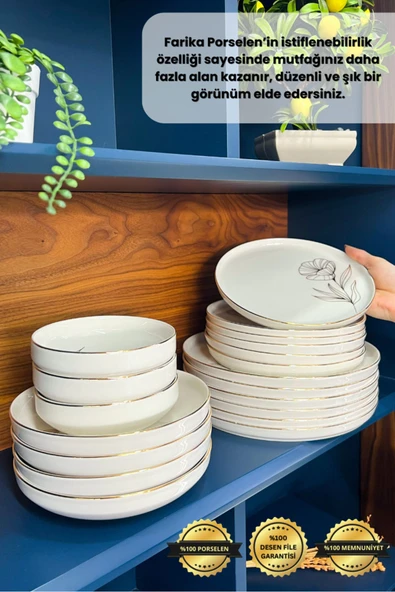 Farika Porselen Asude 18 Parça 6 Kişilik Altın Yaldız Porselen Yemek Takımı - 6