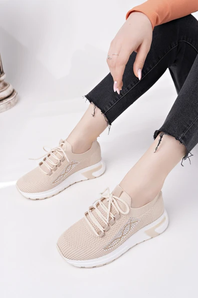 Muggo MARTHA Kadın Kalın Taban Günlük Triko Taşlı Bağcıklı Sneaker Spor Ayakkabı - 12