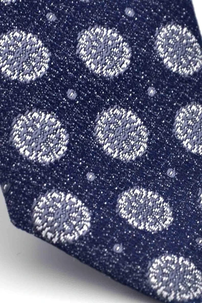 Gri Yuvarlak Desenli Lacivert Dokuma Kumaş Mendilli Slim Fit Kravat // SDK-250205 - Resim 3