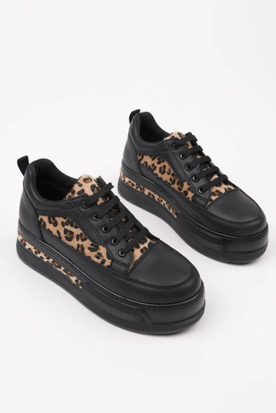 Muggo ZARİNA Kadın Kalın Taban Leopar Desenli Bağcıklı Günlük Sneaker Spor Ayakkabı - 9