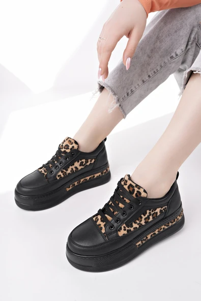 Muggo ZARİNA Kadın Kalın Taban Leopar Desenli Bağcıklı Günlük Sneaker Spor Ayakkabı - 12