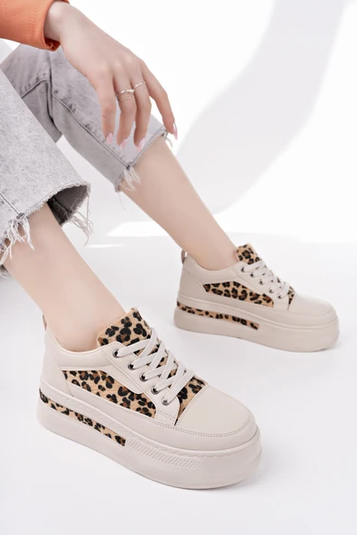 Muggo ZARİNA Kadın Kalın Taban Leopar Desenli Bağcıklı Günlük Sneaker Spor Ayakkabı - 5