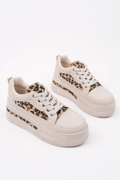 Muggo ZARİNA Kadın Kalın Taban Leopar Desenli Bağcıklı Günlük Sneaker Spor Ayakkabı - 2