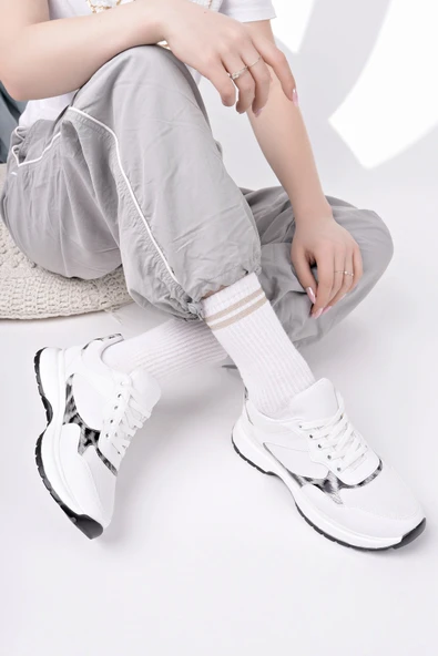Muggo MELODY Kadın Kalın Taban Günlük Leopar Desenli Bağcıklı Sneaker Spor Ayakkabı - 2