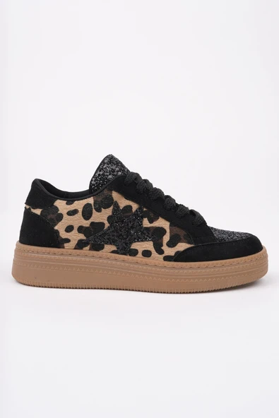 Muggo BONNİE Kadın Kalın Taban Taşlı Leopar Desenli Bağcıklı Günlük Sneaker Spor Ayakkabı - 12
