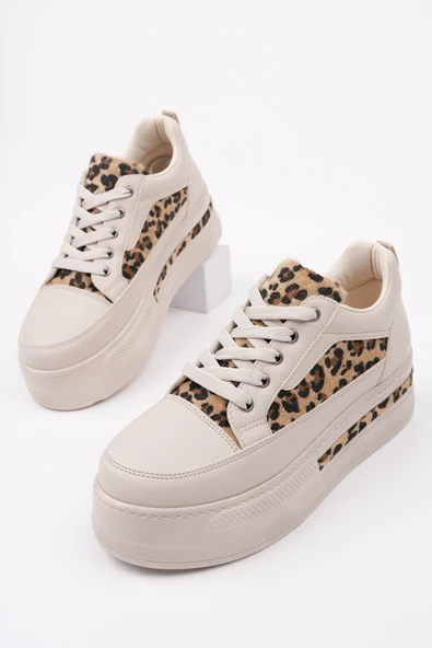 Muggo ZARİNA Kadın Kalın Taban Leopar Desenli Bağcıklı Günlük Sneaker Spor Ayakkabı - 3