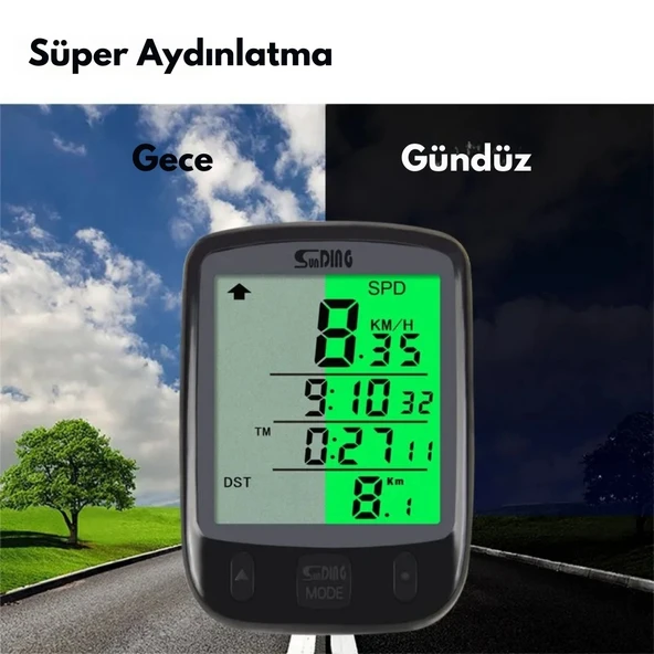 TechTic Sunding Bisiklet Km Hız Göstergesi Işıklı Led Ekranlı Kronometre Derece Saat(24 Fonksiyon) - 6
