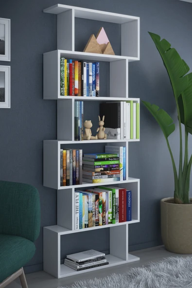 6 Raflı Tek Modül Zigzag Kitaplık Çalışma Odası Ofis Kitaplık - 9
