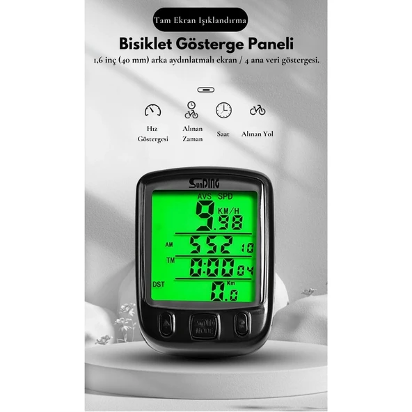 TechTic Sunding Bisiklet Km Hız Göstergesi Işıklı Led Ekranlı Kronometre Derece Saat(24 Fonksiyon) - 5