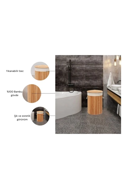 Lorin Katlanır Banyo Bambu Çamaşır Kirli Sepeti Yuvarlak Oval Naturel - 2