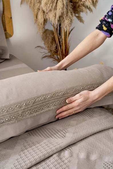 Rivaİstanbul Freya Vizon Güpürlü %100 Pamuklu Çift Kişilik Nevresimli Pike Seti - 7 Parça Çeyiz Seti - Resim 5