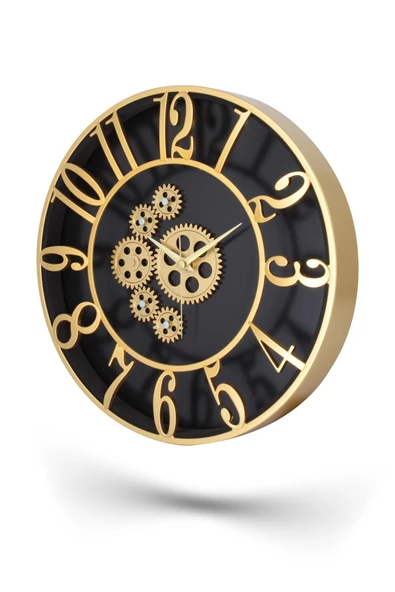 Çarklı Siyah Kasa Gold Rakam Duvar Saati 34 cm - 3