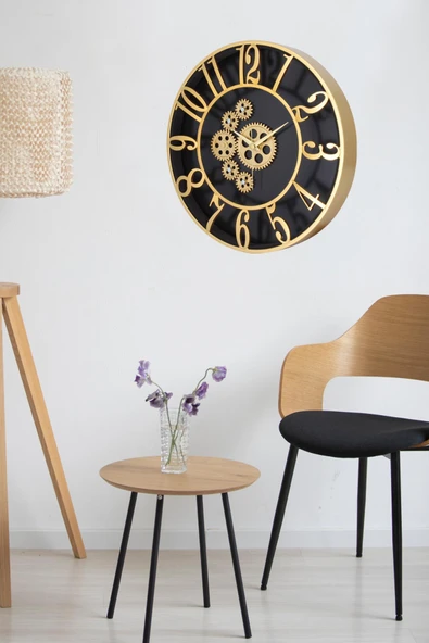 Çarklı Siyah Kasa Gold Rakam Duvar Saati 34 cm