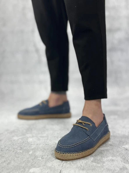 Doğal Deri Tozu Bağcıklı Kauçuk El Yapımı Espadril Taban Mavi Renk Erkek Ayakkabı - Resim 2