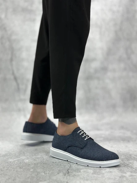 BA0003 Bağcıklı Klasik Spor Keten Lacivert  Beyaz Taban Casual Erkek Ayakkabı - Resim 3