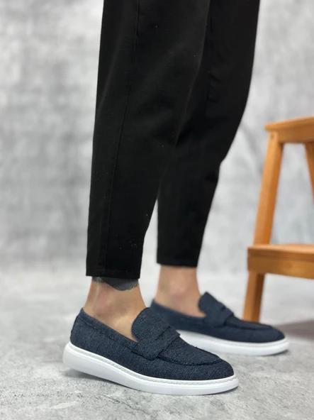 Bağcıksız Keten Lacivert Klasik Corcik Erkek Ayakkabı - Resim 2