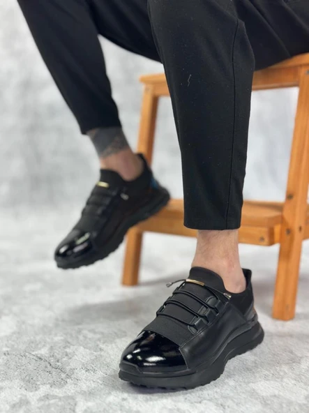 BA0234 İçi Dışı Hakiki Deri Rahat Taban Siyah Bant Detaylı Sneakers Casual Erkek Ayakkabı