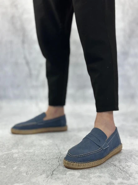 Doğal Deri Tozu Bağcıksız Kauçuk El Yapımı Espadril Taban Mavi Renk Erkek Ayakkabı - Resim 4