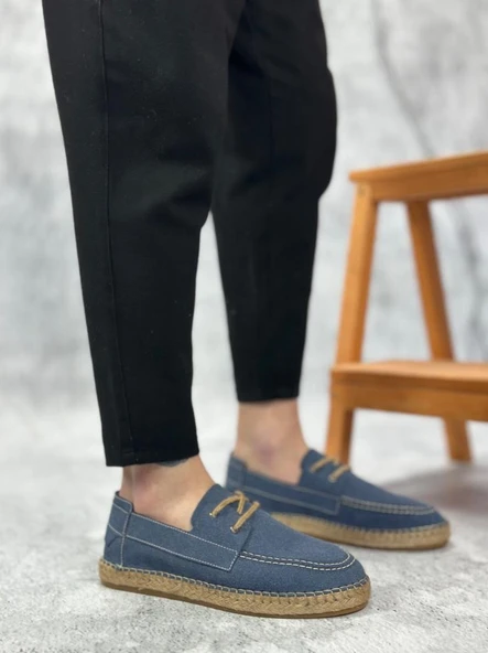 Doğal Deri Tozu Bağcıklı Kauçuk El Yapımı Espadril Taban Mavi Renk Erkek Ayakkabı ürün görseli