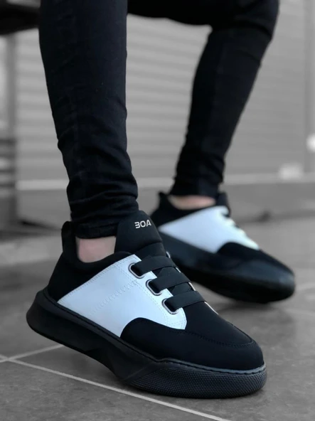 BA0160 Bantlı Erkek Yüksek Taban Siyah Beyaz Siyah Taban Spor Ayakkabı - Resim 2