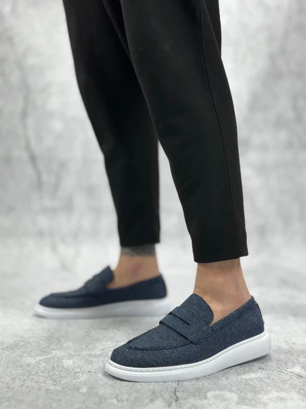 Bağcıksız Keten Lacivert Klasik Corcik Erkek Ayakkabı - Resim 3