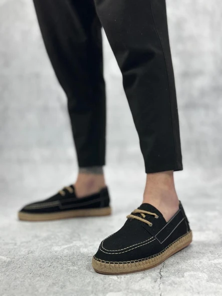 Doğal Deri Tozu Bağcıklı Kauçuk El Yapımı Espadril Taban Siyah Renk Erkek Ayakkabı - Resim 3