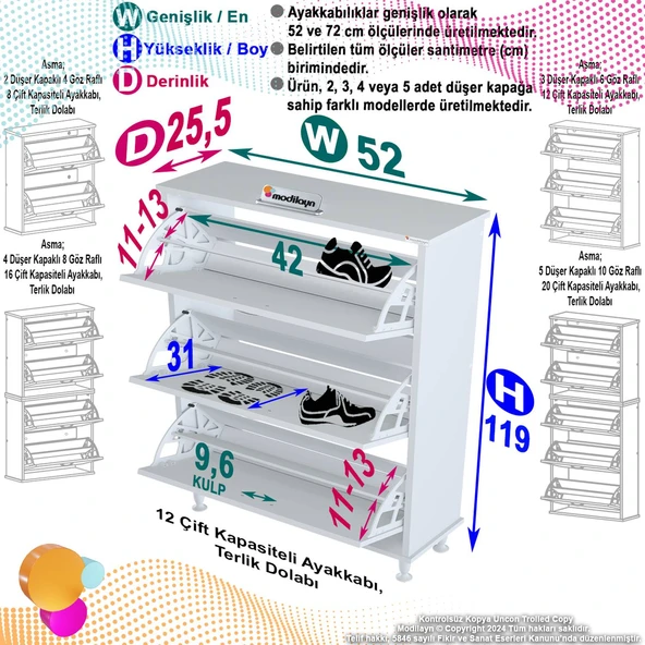 Modilayn VARBİ Antre Hol 72x 127x 26 cm lik 3 Düşer Kapak 6 Göz Bölmeli Ayakkabılık - 9