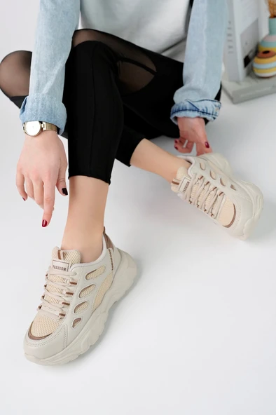 Günlük Kadın Spor Ayakkabı Bağcık Yüksek Kalın Taban Nefes Alan Oval Burun Rahat Hafif Sneaker 1001 - 10