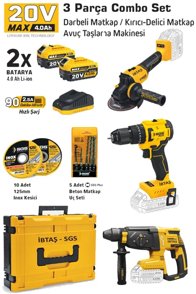 SGS5450 - 20 Volt 4 Amper Akülü Vidalama Matkap - Kırıcı Delici - Avuç Taşlama Combo Set 3 Parça - 3