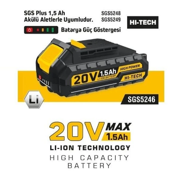 SGS5246  Akülü Vidalama Yedek Batarya 20 Volt - 1.5 Amper - 3