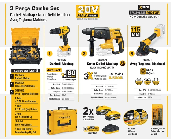 SGS5450 - 20 Volt 4 Amper Akülü Vidalama Matkap - Kırıcı Delici - Avuç Taşlama Combo Set 3 Parça - 2