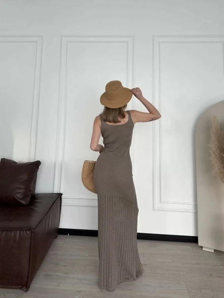 Örgülü Uzun Triko Elbise - Kahve - Resim 2