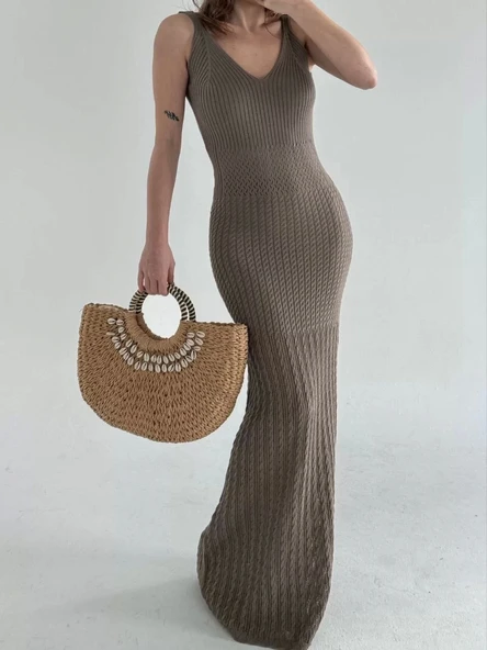 Örgülü Uzun Triko Elbise - Kahve - Resim 7