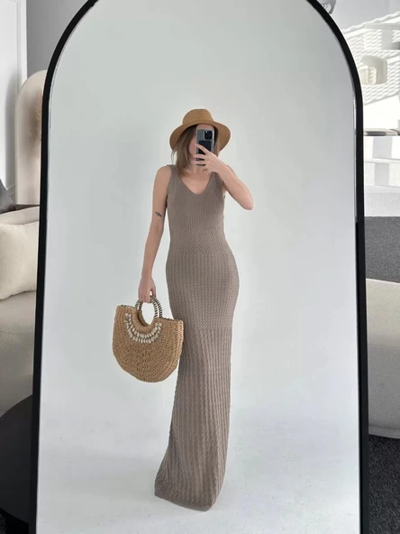 Örgülü Uzun Triko Elbise - Kahve - Resim 4