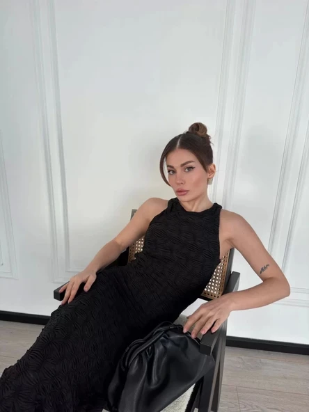 Kolsuz Uzun Elbise - Siyah - Resim 4