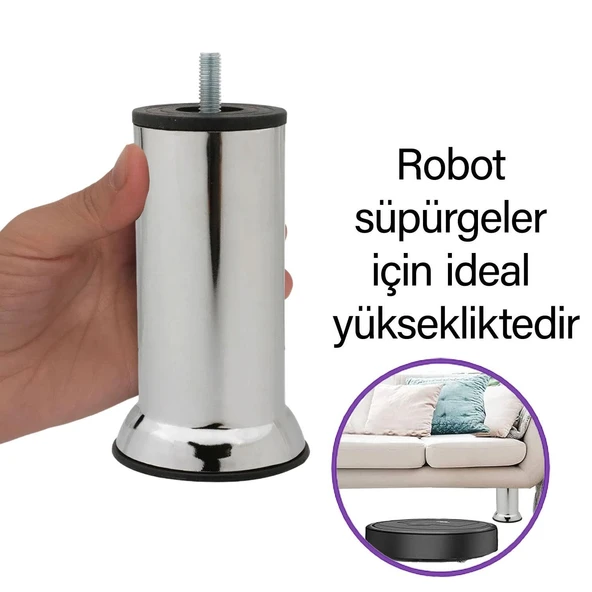 12 Adet Metal Destek Ayağı 12 Cm Krom Mobilya Kanepe Baza Koltuk Ünite Ayakları Metrik 8 Civatalı İnce Diş - 2