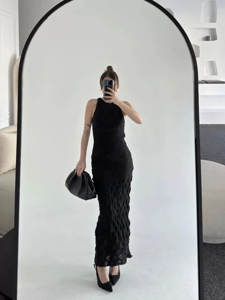 Kolsuz Uzun Elbise - Siyah - Resim 3