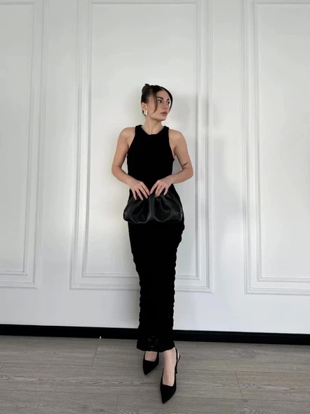 Kolsuz Uzun Elbise - Siyah - Resim 7