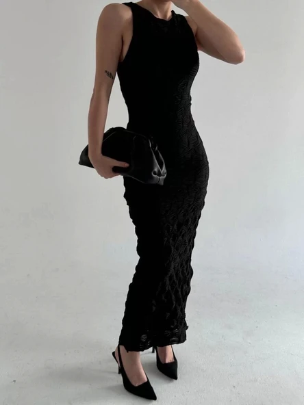 Kolsuz Uzun Elbise - Siyah - Resim 5