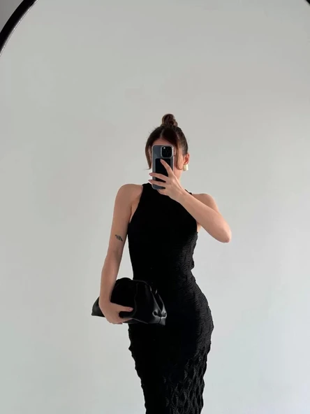 Kolsuz Uzun Elbise - Siyah - Resim 2