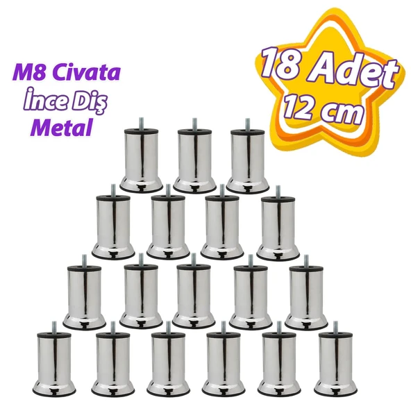 18 Adet Metal Destek Ayağı 12 Cm Krom Mobilya Kanepe Baza Koltuk Ünite Ayakları Metrik 8 Civatalı İnce Diş