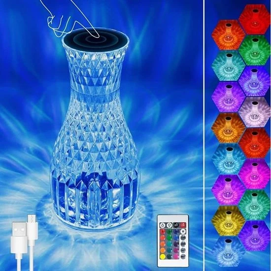 By Nevser® Sürahi Model USB Şarjlı Kumandalı 16 Farklı Işık Modlu Masa Üstü Kristal Akrilik Lamba Led